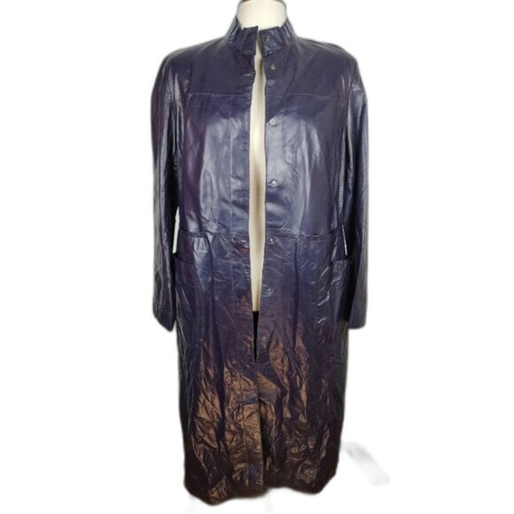 Retro Danier Purple Full Length Leather Coat  Lined Stand-up Collar Size 12 Y2K - Picture 2 of 13